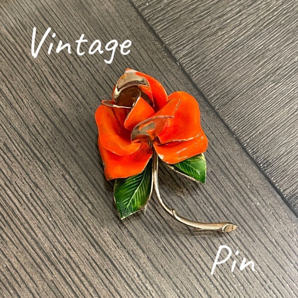Vintage Orange Rose Brooch with Green Leaves